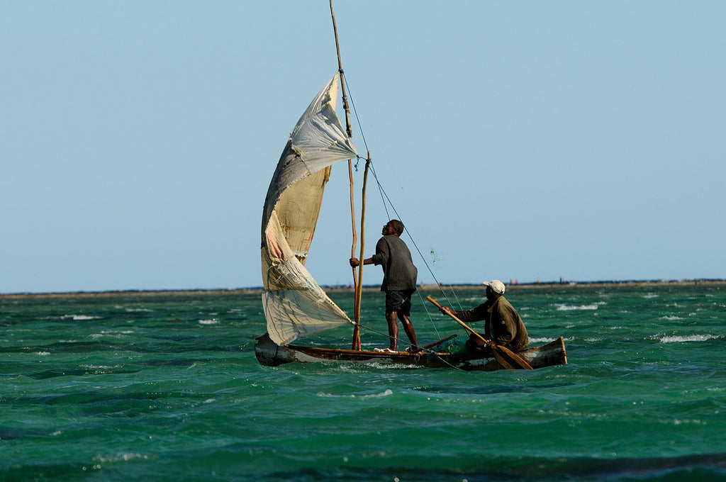 Incertitude à bord d'un rafiot du Mozambique : un homme à la rame, un autre tenant le mât...